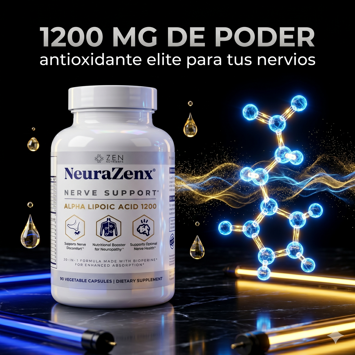 Neurazenx — Apoyo Nervioso Avanzado · Fórmula 20-en-1 con ALA 1200mg · Para Neuropatía, Hormigueo y Pérdida de Sensibilidad
